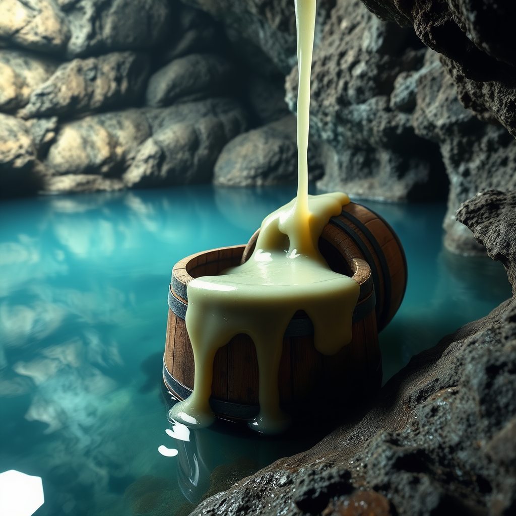 A photo realistic pool in a cave with a wooden barrel near the edge of it and a pale transparent yellow slime crawling into the barrel