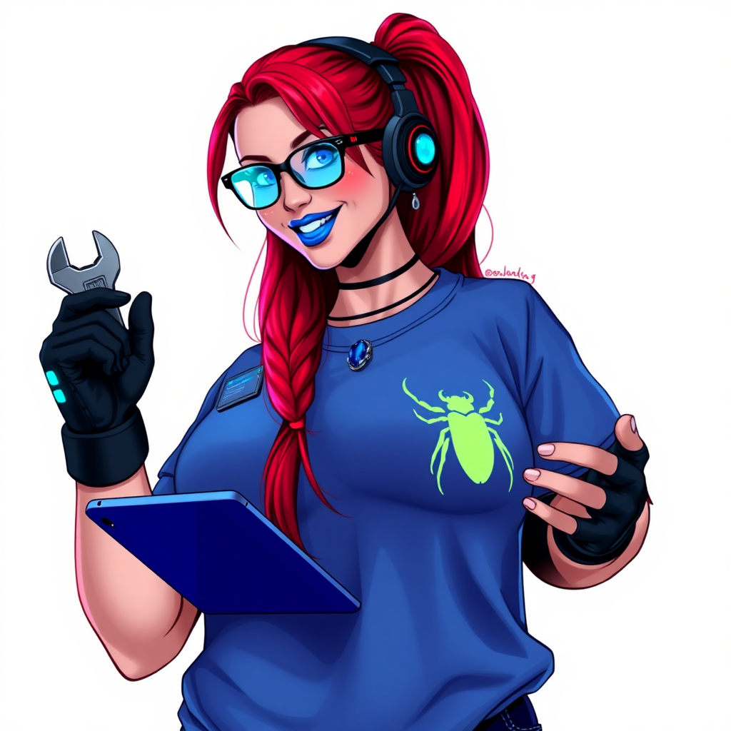 An intelligent and tech-savvy 29-year-old computer hacker and tech genius. She has a long ruby red ponytail. She wears maximum blue lipstick, blue eyes, a sapphire beetle gemstone necklace, sapphire earrings, black eyeglasses, hi-tech power gloves, and an oversized maximum blue t-shirt featuring a neon blue glowing beetle chest icon. She has a gargantuan full-figured physique with a prominent round gargantuan midsection, reflecting her well-cared-for lifestyle. She sports a sapphire headset with a hi-tech maximum turquoise lensed HUD, and a beaming smile accentuated by a passionate neon red blush. She serves as his tech expert from his hideout, holding a futuristic tool wrench and a futuristic digital tablet. The background is solid white. She is drawn as if she was in a retro 2D cyberpunk fighting game.