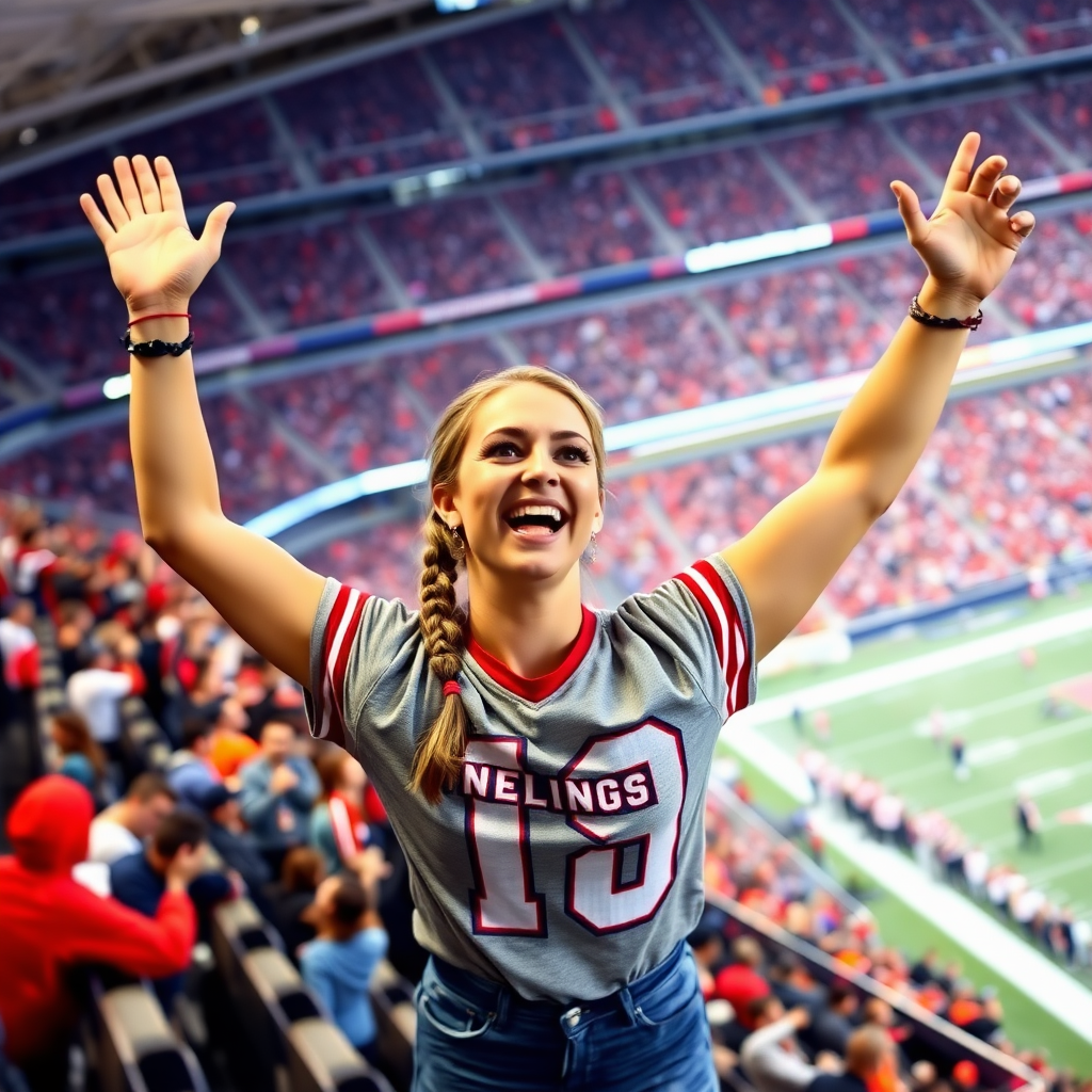 Attractive female NFL fan, pigtail hair, arms raised, she is hollering, jumping in the bleachers, crowded, NFL stadium