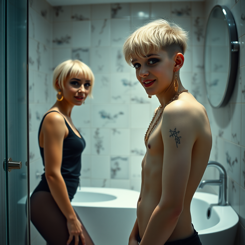 photorealistic, ultra high resolution, 16K, surreal fantasy, studio lighting, a 35 year old mother who is fully dressed for work is watching her pretty 14 year old goth son, slim male physique, short blonde hair, goth makeup, earrings, pantyhose, white ballet shoes, earrings, gold chains, handcuffs, in the bathroom, excited smile, facing the camera.