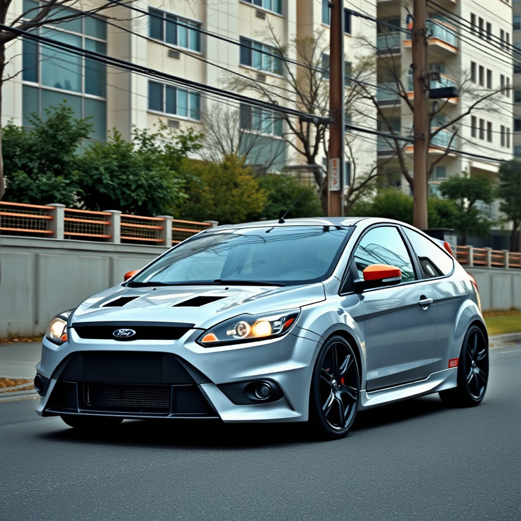 #AIart #flux1 #aiart #aiphotography #photorealism #flux1pro ford focus rs 2009 car is parked on the side of the road, inspired by Taiyō Matsumoto, tumblr, restomod, nd4, c4