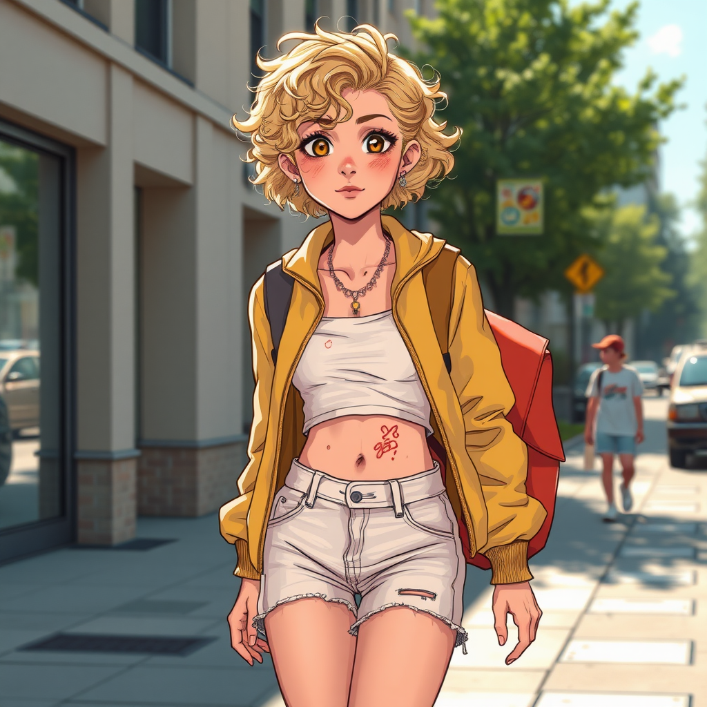 Realistic drawing style image, Extremely good quality 8k resolution drawn manga image of a 15 year old petite and short tomboy girl with golden blonde curly hair with mixed and different colored eyes for each eye and moles on her entire body and is a white American girl, Has on a Gold Jacket over a white extremely short crop top only covering her breasts and nothing more with a design on it, and has on ripped shorts and cool looking sneakers and a deep and big knife cut wound on her stomach from a huge injury she had, with a bright color backpack, ear piercings on, walking on the street to school in the morning with the beautiful sunlight lighting up her body beautifully with no tattoos.