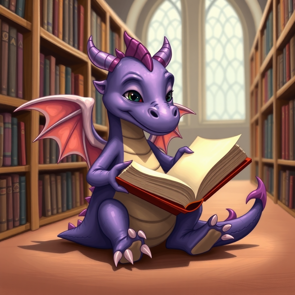 A lazy purple small dragon with two legs, two arms, and wings in a library reading from a large book.