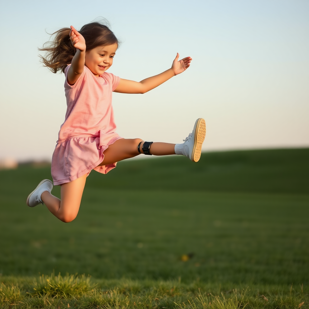 A leg amputee girl, jumping, with a clear residual limb.