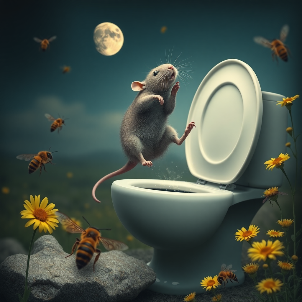 A rat diving off the moon into a toilet, bees, Mongolian