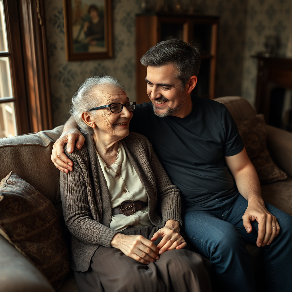 In a scene viewed from an angle and slightly above: In an old-fashioned English living room, a very frail and thin, very elderly English lady with a kind smile, short, thinning white curly hair, wrinkled face, neck and skin, wearing thin framed glasses, an old cardigan, blouse and long skirt is sitting on a sofa with an English man about 40 years old, grey stubble on his chin, brown hair, sitting close next to her on the same sofa, wearing a black T-shirt and dark blue jeans. The man and woman are smiling at each other. The woman is looking at the man's eyes and smiling. The man is looking at the woman's eyes and smiling.