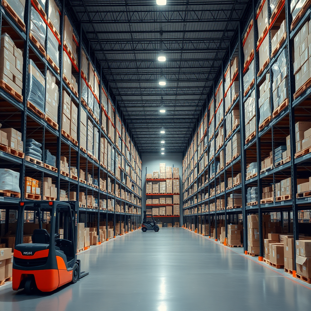 Create a high-resolution stock photo of a modern warehouse interior. The scene should include tall shelves filled with various boxes and products, a spacious layout with clear pathways, and bright overhead lighting. Include a forklift. The overall atmosphere should convey efficiency and organization, with a clean and professional look. NO text.