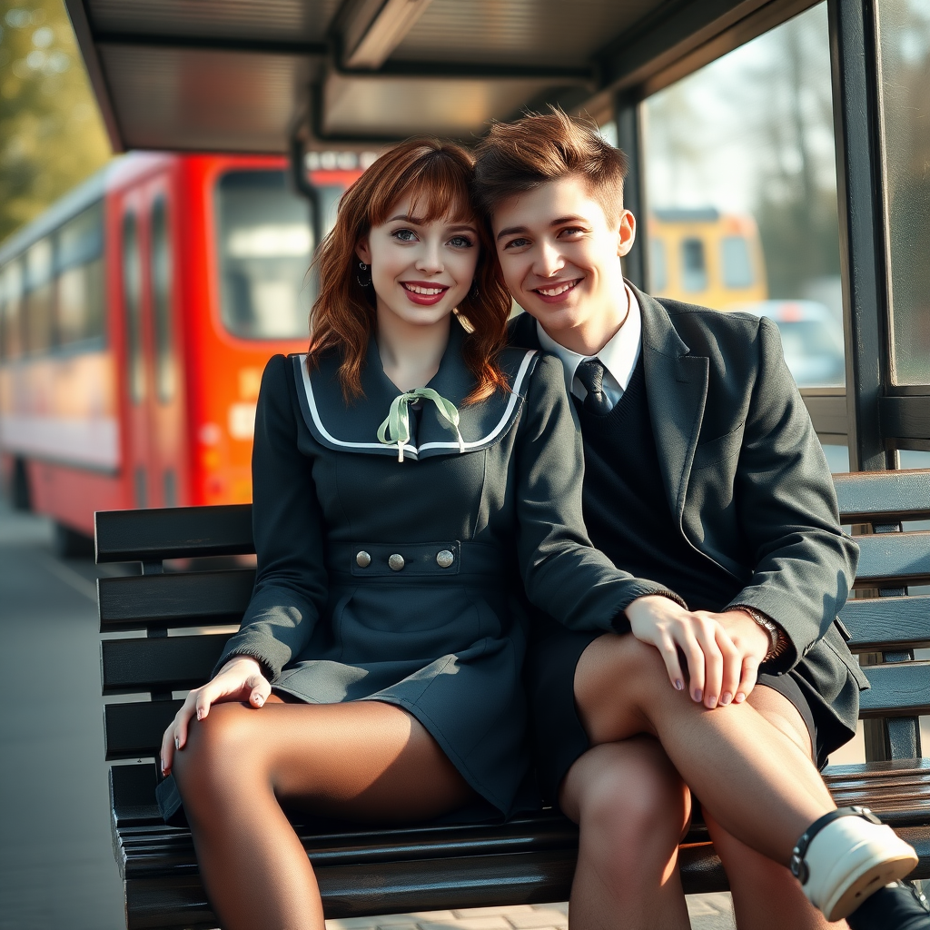 photorealistic, ultra high resolution, 16K, surreal fantasy, soft studio lighting, a pretty 18 year old goth male, slim male physique, auburn hair, goth makeup, earrings, shiny black pantyhose, UK girls-school uniform, Mary-Jane shoes, sitting on his boyfriend's lap on a bench waiting for the school bus, in daylight, excited smile, facing the camera.