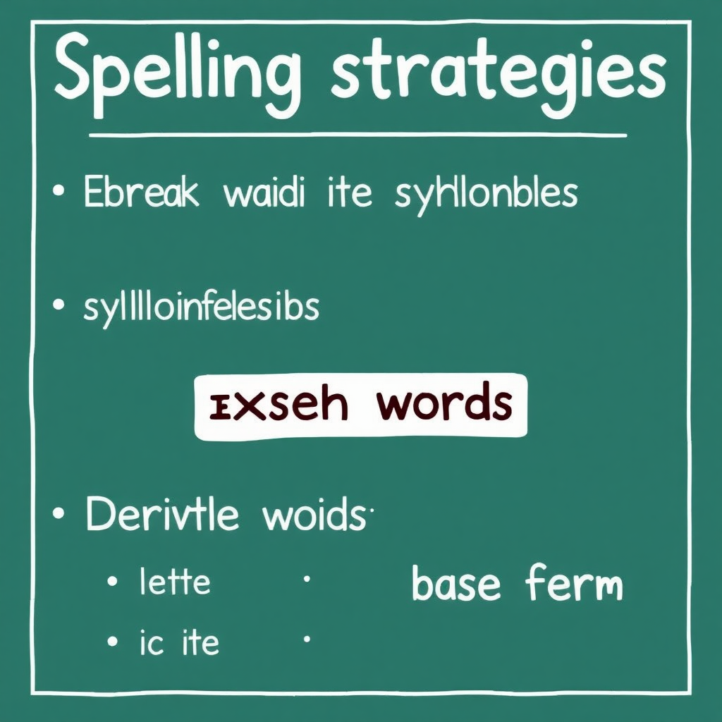 A poster with three spelling strategies: break words into syllables, extend words, and derive words from their base form! The language of the poster should be German!