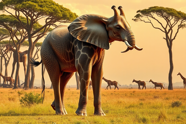 Create a full-length photorealistic image of an elephant showcasing the musculature and framework of a giraffe, while keeping its head intact, including distinct facial features. The skin should reflect the texture of an elephant, while the body has the elegant posture of a giraffe. Design the background to merge elements from both animals' natural habitats, featuring tall trees and grasslands, capturing the essence of African savannas. Ensure vibrant colors and realistic lighting enhance the scene, emphasizing the unique hybrid creature.