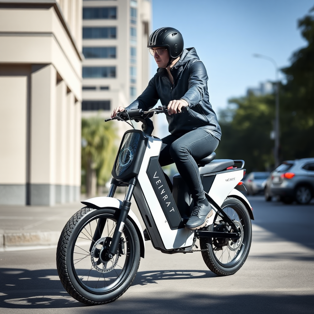 An E-biker of the brand VeloKraft of the future with impact protection in an urban environment without a rider.