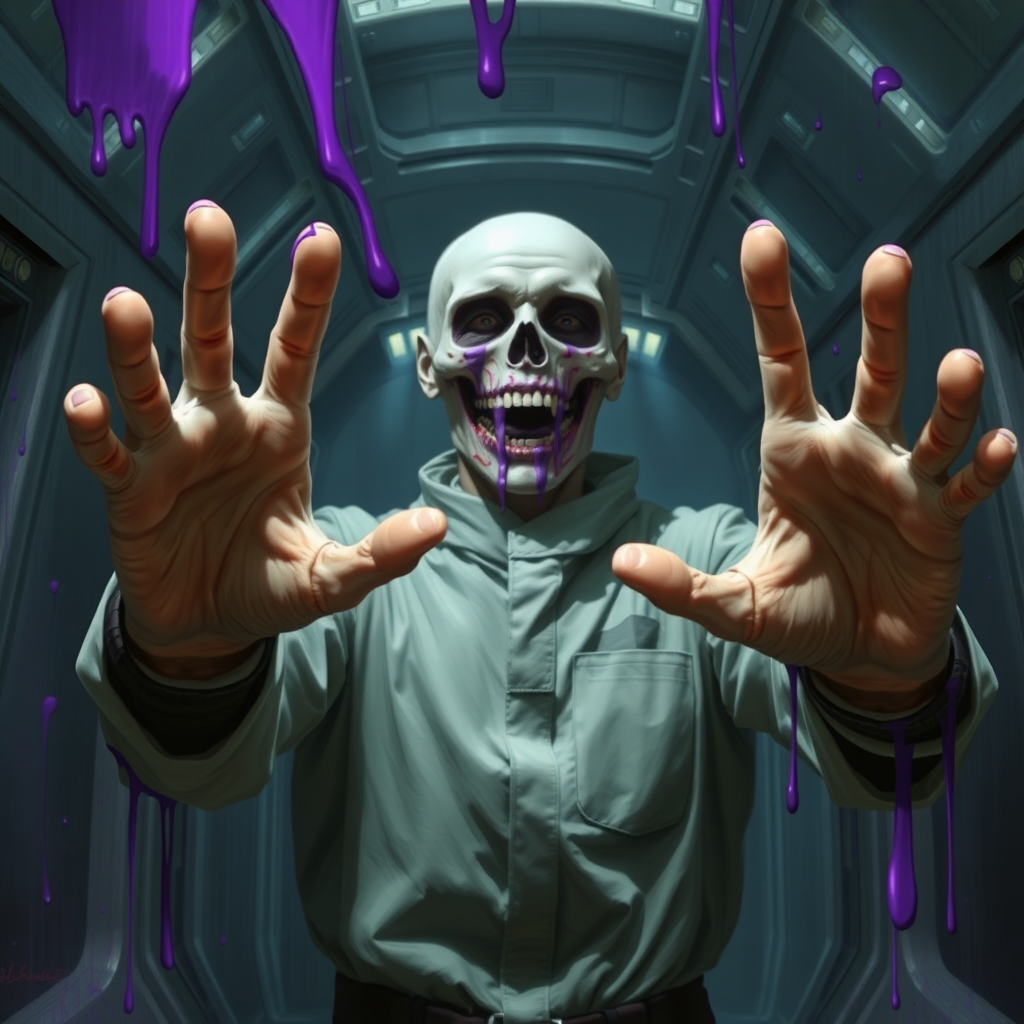 Cinematic sci-fi horror digital painting. Mindless crew member approaching the viewer with arms reaching out. Purple goo smears.