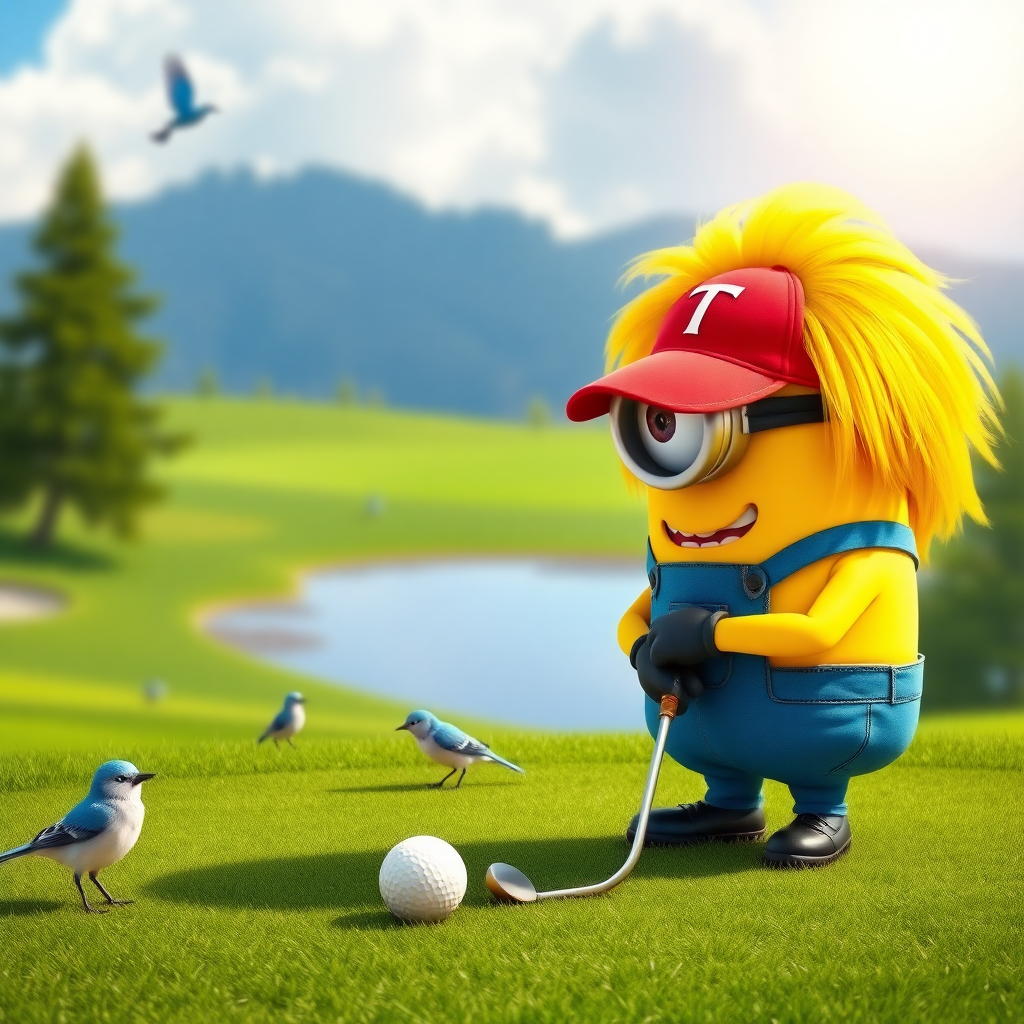 A minion from "Despicable Me" is playing golf on a beautiful golf course. He has a big bright yellow wig of hair. Another minion wearing a red ballcap with the letter "T" emblazoned on it is putting. There are bluebirds and sunshine and the scene is beautiful and peaceful.