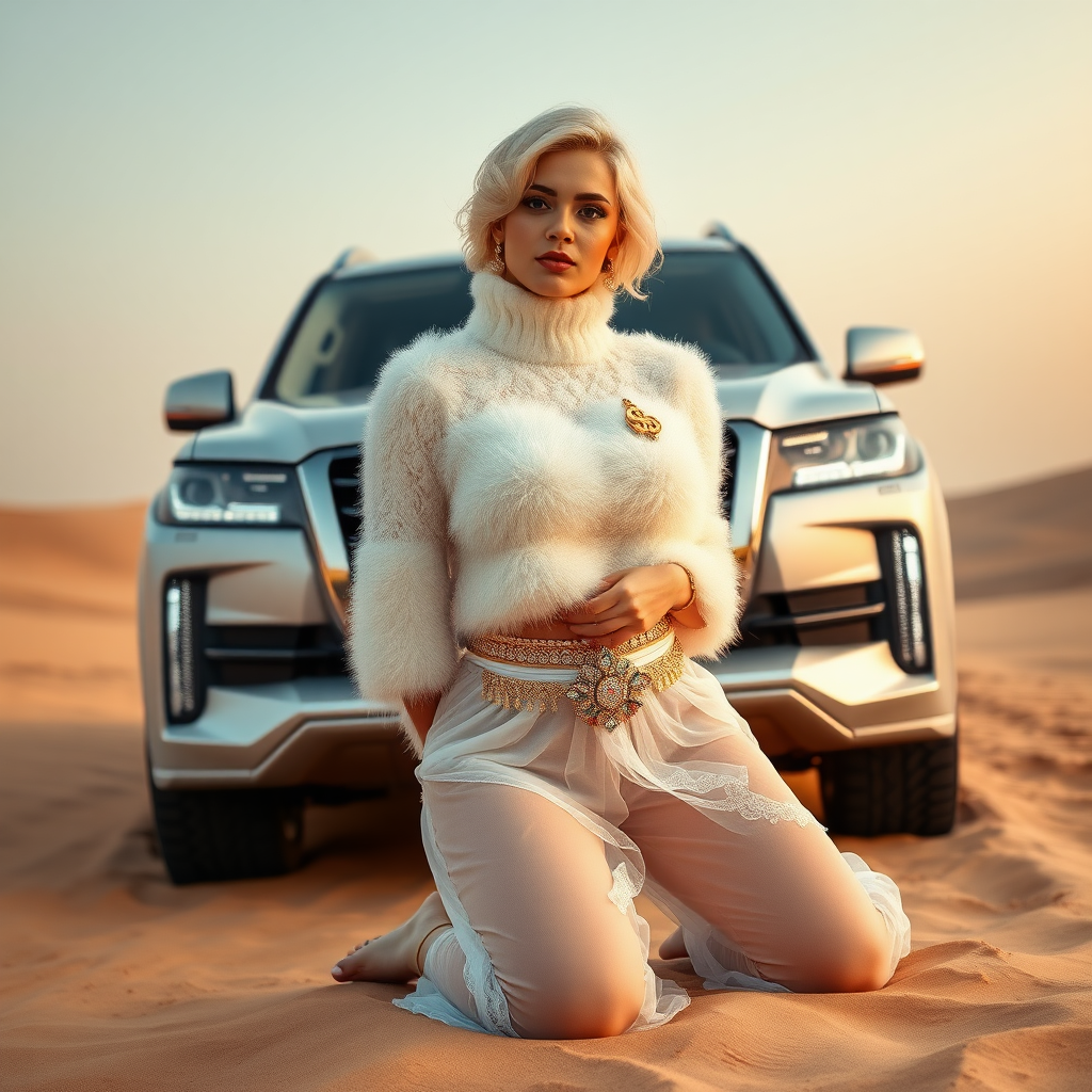 Kuwait desert dunes misty dawn, full size luxury SUV: Melissa, European 17 years old very convincing femboy “trophy-bimbo”, tamed servile docile, very beautiful feminine flawless face, rather short, by hormones very curvaceous womanly figured, platinum blond short tight curls, bold red lips, heavily made-up face, wearing Supertanya-style fluffy very fuzzy bright white angora turtleneck-poncho cropped ending under bust decorated with pearls and gemstones, striking oriental wide gold bridal protection belt, white fully transparent harem pants, full Oriental bridal jewelry including headpiece, Battoulah face veil, coin anklets, striking diamond “$$$” letter brooch on left chest, pout frustrated, hands tied behind back, kneeling in sand in front of SUV, looking at camera. Focus on face and turtleneck-poncho.