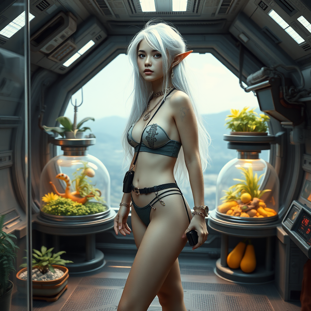 A full body shot of a pretty twenty-something elf girl with a face resembling (ana de armas). large chest, wide hips, narrow waist, thick thighs, pale, freckles, messy long white hair. crop top, thong, cyberpunk 2077, space station, food terrarium, high heel ankle boots, collar, purse and jewelry. Photorealistic digital matte painting, soft focus, film grain, lens flare. She is looking through glass. landscape beyond.