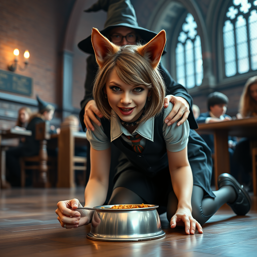 photorealistic, ultra high resolution, 16K, surreal fantasy, studio lighting, a wicked witch at Hogwarts School has cast a spell on Tyler Swift, who is a pretty 18 year old dog-boy, slim male physique with dog ears and bushy tail, shoulder length brown hair, goth makeup, earrings, spikey dog collar, dressed as a Hogwarts Slytherin girl - glossy grey pantyhose, school uniform, Mary-Jane shoes, kneeling on all fours on the floor face down eating food from a dog bowl in the student dining hall at Hogwarts School, excited smile. the witch is standing behind Tyler and is resting her arms on his shoulders. full body view, facing the camera.