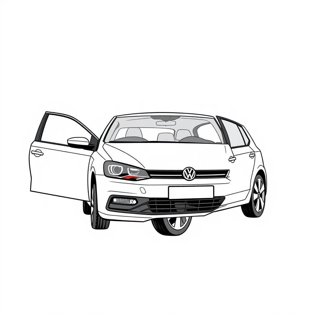 white vw polo V car, open driver's door, long establishing shot, 2D, caricature, cartoon, Sketch lines, coloring book, coloring book style on white background, well composed, clean coloring book page, No dither, no gradient, strong outline, No fill, No solids, vector illustration, realistic proportions