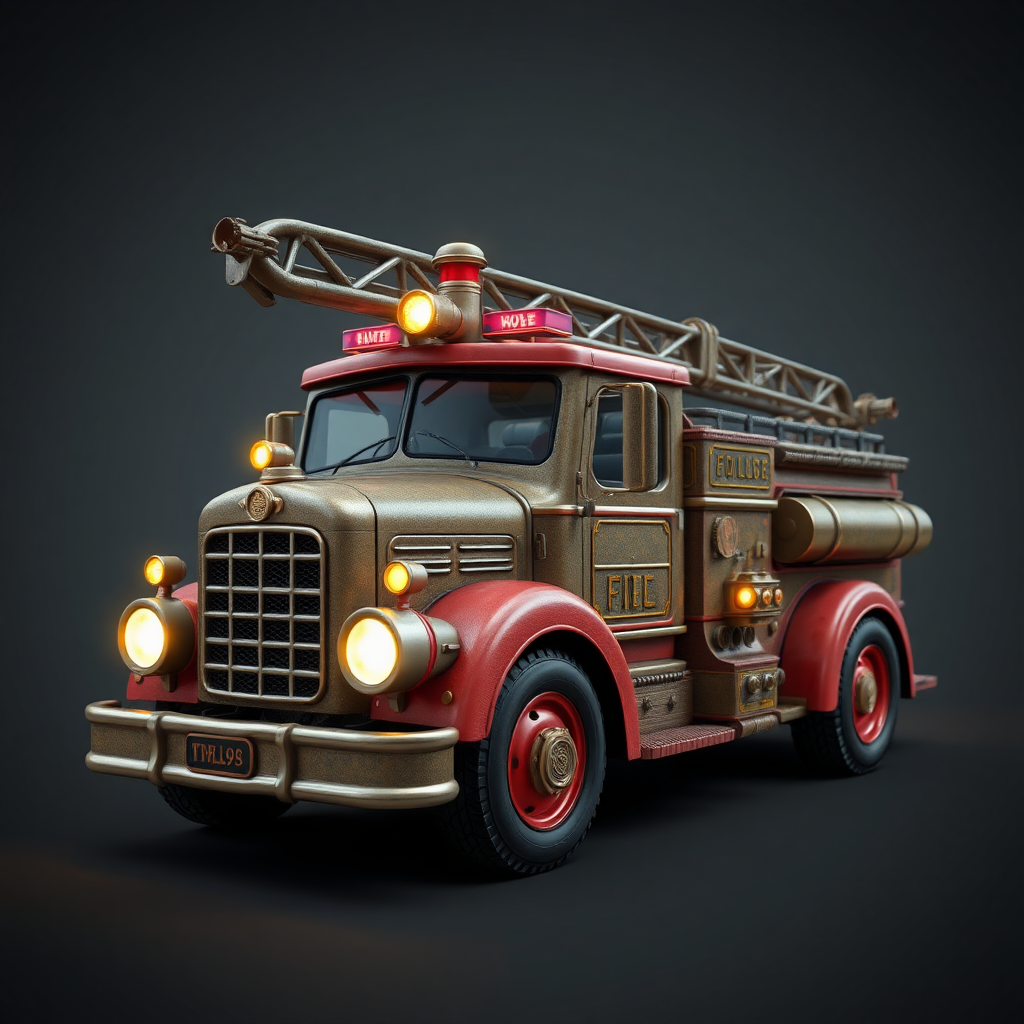 a steampunk firetruck game 3d asset