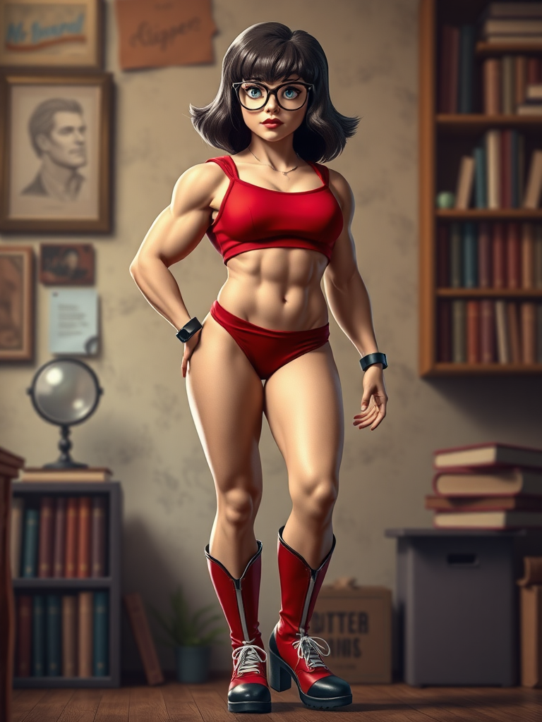 Create a full-length photorealistic image of a composite character featuring Velma Dinkley, utilizing the inverted triangle body type typical of a male bodybuilder. Maintain Velma's original head, hairstyle, and facial features. Preserve and adjust her classic costume to fit her new body structure. Design a background that draws inspiration from Velma's character, incorporating elements like bookshelves, magnifying glasses, or other mystery-solving motifs to enhance the scene's context.