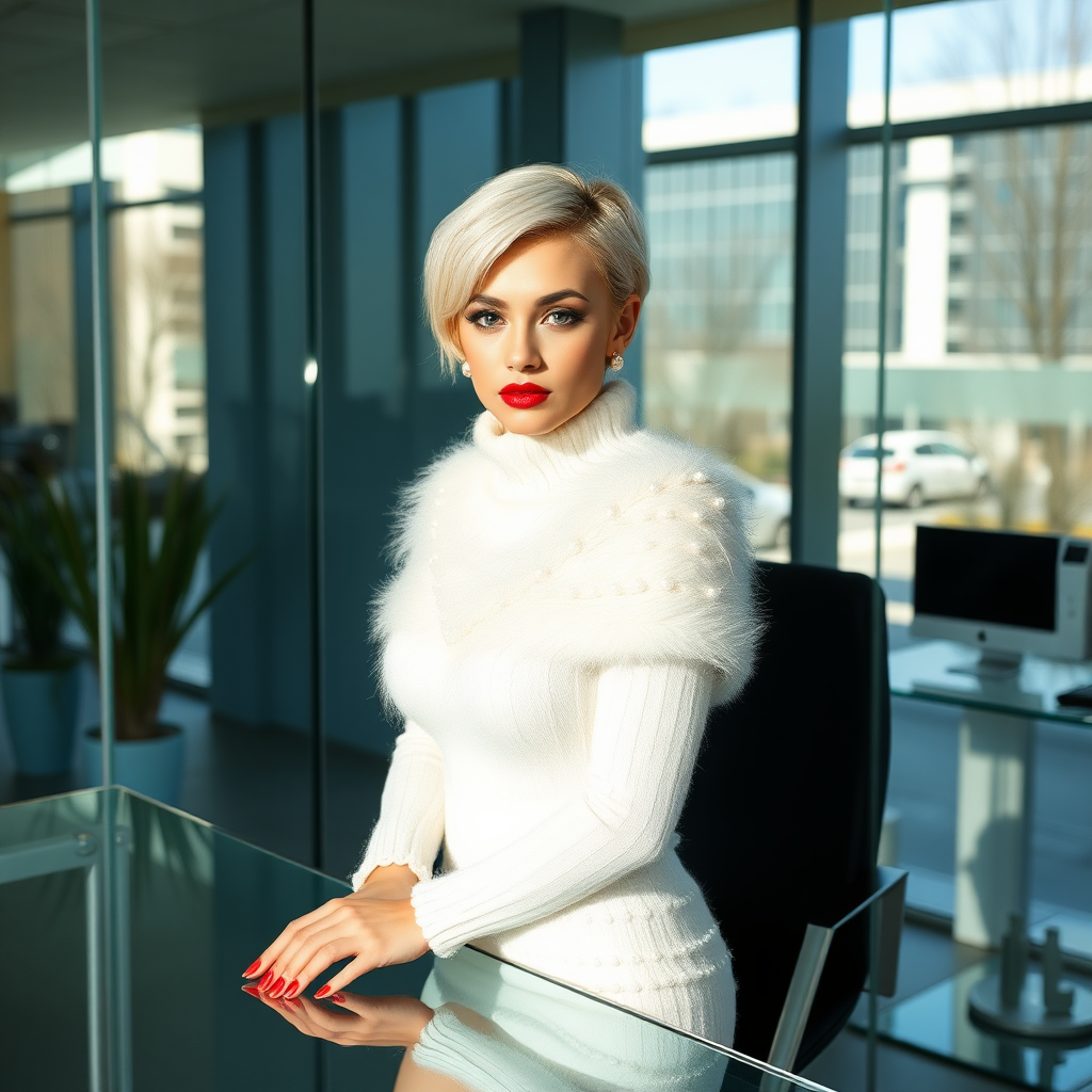 Sunny spring morning, modern glass-steel-concrete office, standing behind glass desk: Ana, European 17 years old very convincing femboy “trophy-bimbo”, tamed servile docile, very beautiful feminine flawless face, rather short boyish figure, platinum blond short tight curls, bold red lips, heavily made-up face, long French nails, wearing Supertanya-style chunky fluffy very fuzzy bright white plushy mohair figure-hugging turtleneck-knit dress with white pearl decoration, white vinyl thigh-high boots with golden heels, pearl earrings, serious, leaning forward hands on desktop presenting her assets, arrogantly looking at camera. Focus on face and turtleneck-poncho.