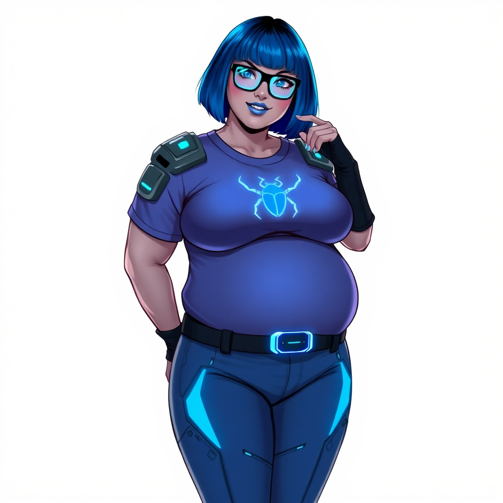 A 28-year-old, full-figured, middle gray skinned computer program hybrid with a maximum blue bob cut. She has a non-athletic, full-figured build, highlighted by a prominent, round, large midsection (with full emphasis on her large belly). As the full-figured, nerdy, digital sidekick to her cyberpunk vigilante boyfriend, her middle gray metallic skin and maximum blue lipstick emphasize her digital nature. She wears a digital, computerized costume inspired by DC’s Carrie Kelly Robin, consisting of a huge, tight-fitting, maximum blue t-shirt with a neon blue glowing chest icon of a beetle, hi-tech shoulder pads with neon blue accents, a black hi-tech belt with a digital neon blue glowing buckle, digital maximum blue pants with neon blue accents, and black hi-tech fingerless biker gloves with neon blue glowing accents. Her bright blue eyes, black eyeglasses with glowing neon blue lenses with a built-in HUD, and shy smile with neon red blush accentuate her nerdiness. She stands bashfully with one hand behind her back and the other hand gently touching her cheek, her costume covering all her skin and emphasizing her full-figured physique (especially her belly). She is clearly non-athletic, with a heavy focus on her large belly. Despite her build, she radiates beauty. She has a slim face compared to her physique, accentuating her radiant beauty. She is on a solid white background. She is drawn as if she were in a retro 2D cyberpunk fighting game.