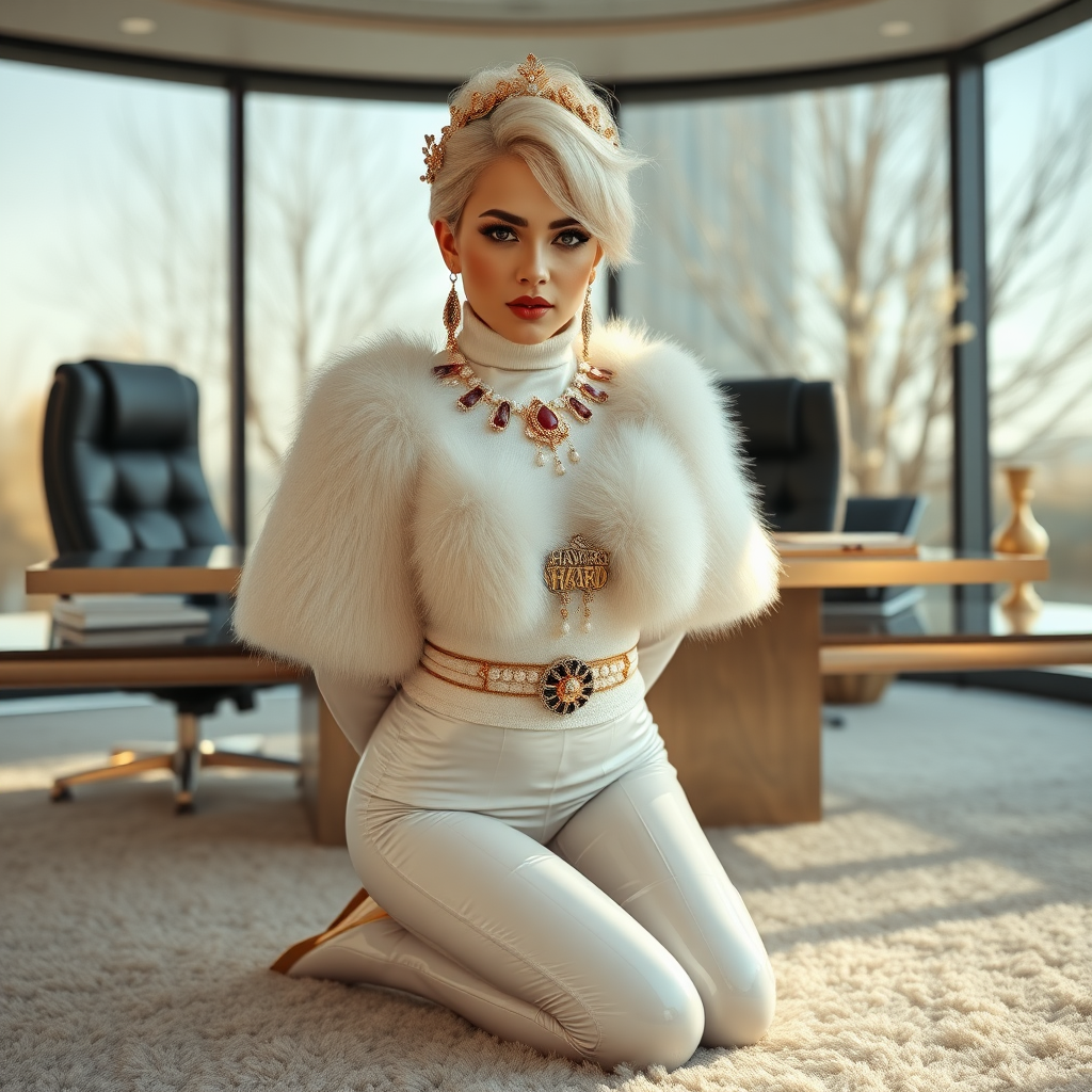 Sunny spring morning, chichi-society modern glass-steel-concrete CEO office, large CEO desk, fluffy carpet. Melissa: European 17 years old very convincing femboy “trophy-bimbo”, tamed servile docile, very beautiful feminine flawless face, rather short boyish figure, platinum blond short tight curls, bold red lips, heavily made-up face, wearing Supertanya-style fluffy very fuzzy bright white angora turtleneck-poncho cropped ending under bust decorated with pearls and gemstones, striking oriental ancient chastity belt, white vinyl thigh-high boots with golden heels, full Oriental bridal jewelry with striking headpiece, full Oriental face-jewelry, striking diamond “HAVARD” letter brooch on left chest, pout frustrated, leashed, hands tied behind back, kneeling on carpet in front of desk looking at camera.