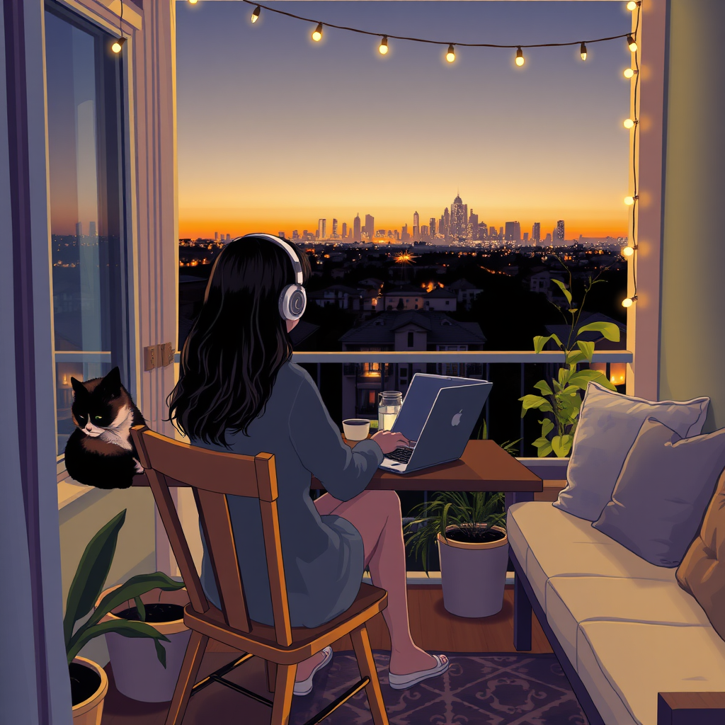 “A girl is wearing headphones and working on her laptop on a desk, sitting on a wooden chair on a cozy balcony at night. Next to her, a cat is resting peacefully on the balcony window. The balcony is decorated with plants, lights and a sofa with pillows, creating a calm and inviting atmosphere. The rural city skyline in the background adds a touch of city life to this tranquil setting.”