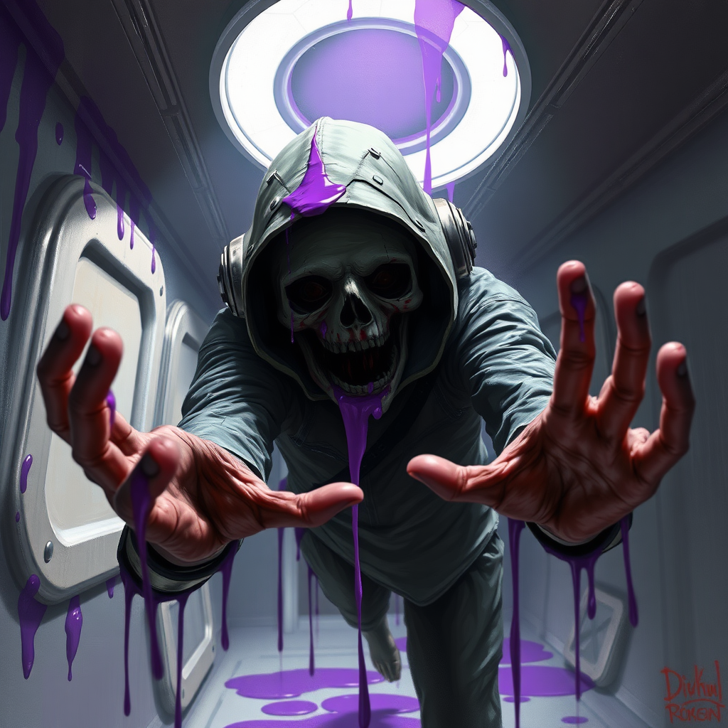 Cinematic sci-fi horror digital painting. Mindless crew member approaching the viewer with arms reaching out. Purple goo smears.