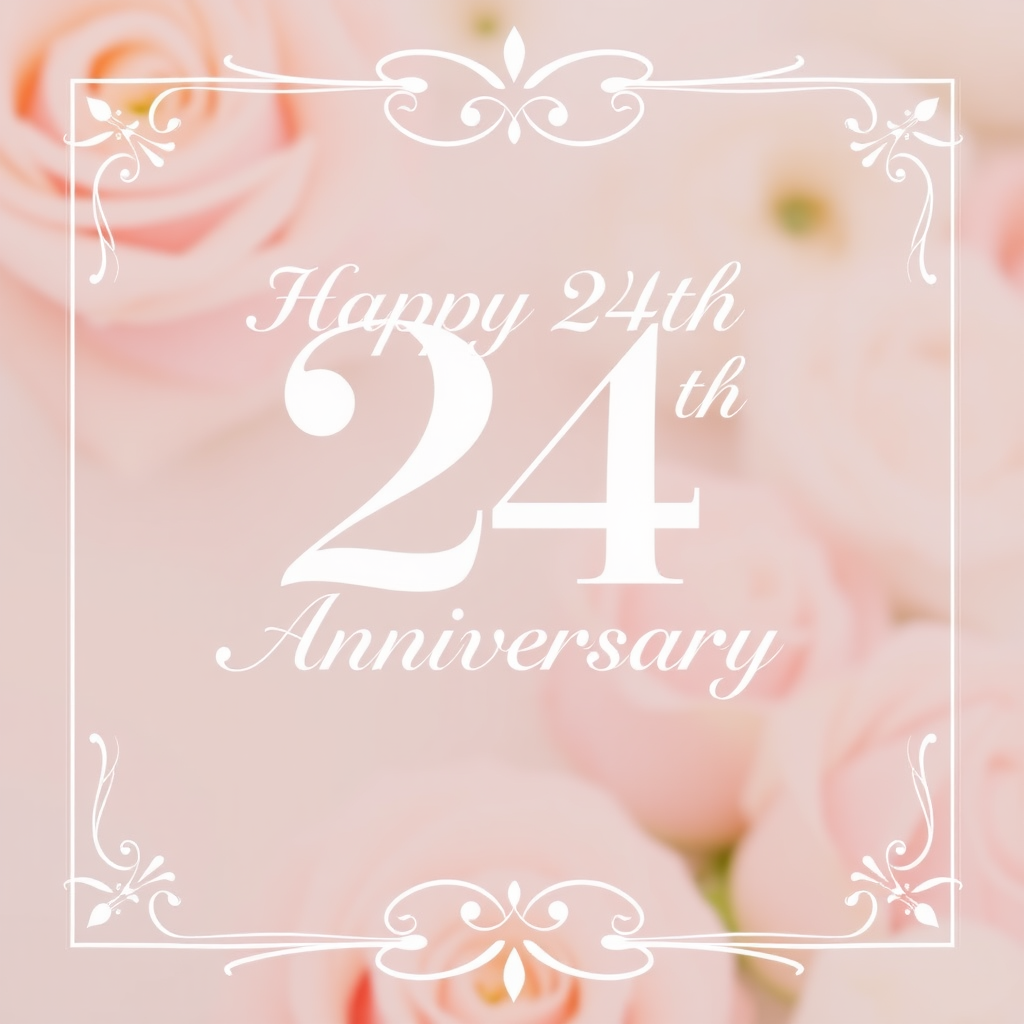 Create a soft, elegant image for a 24th wedding anniversary, with the message: "Happy 24th Wedding Anniversary". Incorporate soft pastel colors like pinks, creams, and whites.