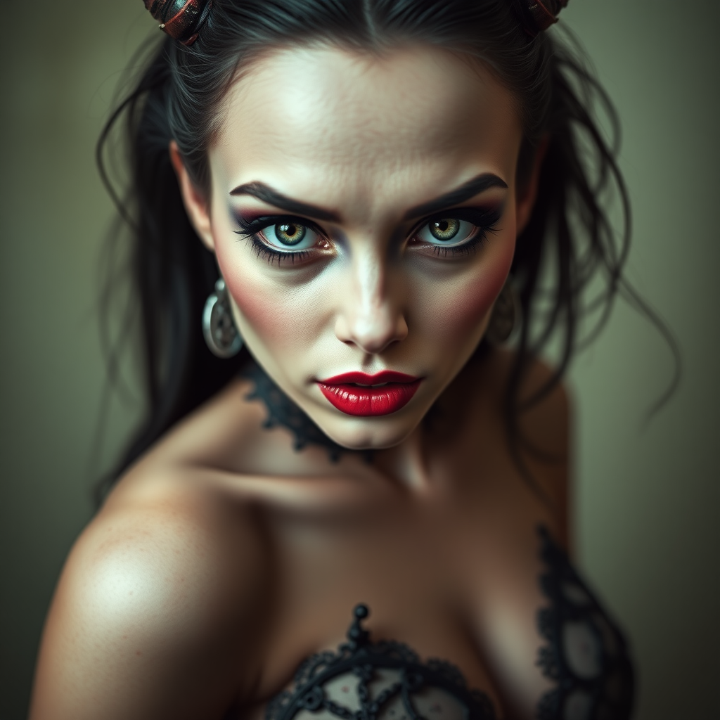 Terrifying succubus looking sexy and irresistible. Her body is preternaturally perfect. Staring directly into the eyes of the viewer.