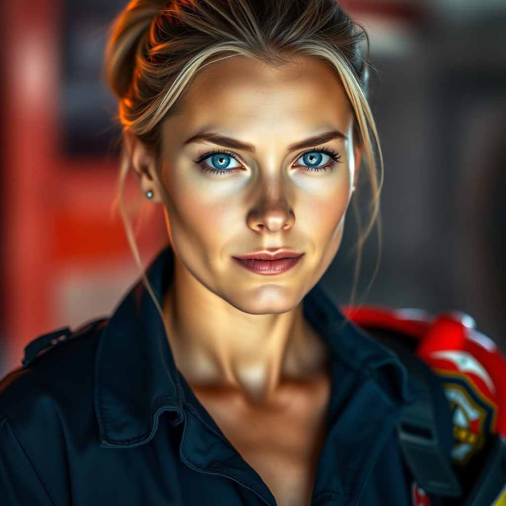 Portrait of a determined female Caucasian firefighter, mid-30s, with piercing blue eyes and ash-blonde hair tied back in a practical bun. Her face, lightly freckled and weathered from exposure, shows subtle laugh lines and a strong jawline. She wears a navy blue uniform with reflective strips, unbuttoned at the collar to reveal a hint of soot-stained skin. A red helmet is tucked under her left arm, bearing the emblem of her fire department. Her expression is a mix of confidence and compassion, with a slight furrow in her brow suggesting constant readiness. The portrait is lit dramatically, with warm orange tones reminiscent of firelight contrasting against cool blue shadows, creating depth and dimension. Shot with a medium format camera using a 85mm lens at f/2.8, capturing intricate details of her skin texture and uniform fabric. The background is slightly out of focus, hinting at a fire station interior. Composition follows the rule of thirds, with her eyes aligned on the upper intersection points. The overall mood is one of strength, dedication, and quiet heroism, embodying the spirit of modern firefighting professionals.