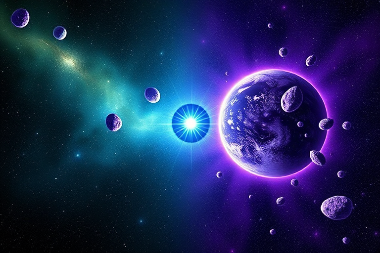 Small dot in the universe bursts into two other halves of universes with their own planets and stars, one side universe is greenish in color while the other half is more purple and has purple asteroids in it, there is a small point of concentrated energy at the center that explodes into both halves of the universe, with a large blue star in the center surrounded by both universes.