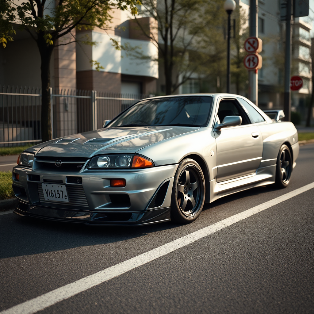 The car is parked on the side of the road, inspired by Taiyō Matsumoto, tumblr, restomod, nd4, c4 metallic shine gray black nissan skyline r34 tokyo gece cosplay kadınlar arkaplan hatasız tam eksiksiz ayrıntılı genel gerçek detaylar ödüllü en iyi fotoğraf poz