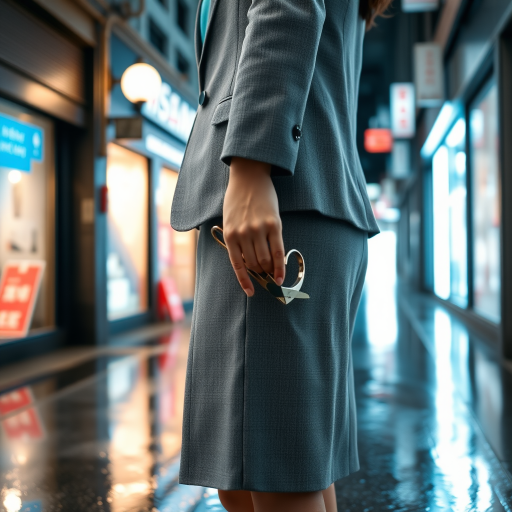 Camera focuses on the lower portion of a young Japanese businesswoman who wears a grey blazer and grey skirt. She holds a pair of scissors at her side, the blades pointed to the ground. The scissors gleam from the lights of the shops in the surrounding alleyway. The lights of the shops are reflected in the rain puddles of the alleyway.