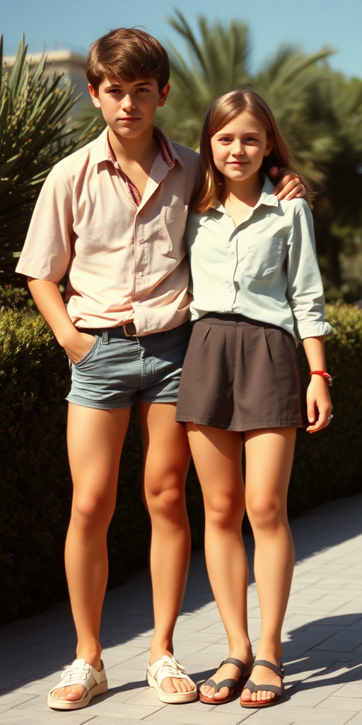 Vintage photo, 1980s. Hot summer. Spain. A tall skinny 13-year-old teen boy wearing a short shirt, tight booty shorts, long legs, bare thighs. With a girl wearing a shirt, long skirt. Full length view.