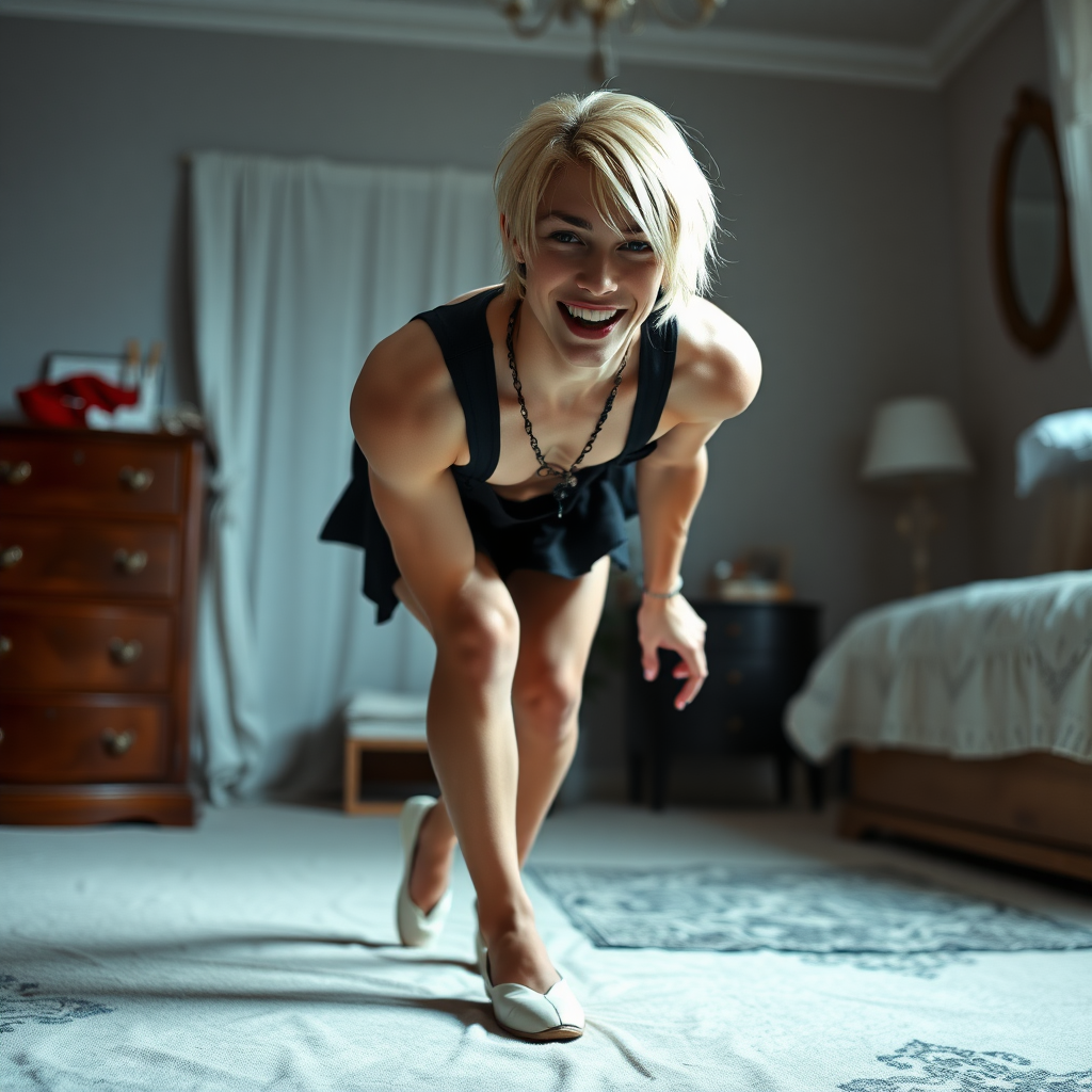 photorealistic, ultra high resolution, 16K, surreal fantasy, studio lighting, a pretty 16 year old goth male, slim male physique, short blonde hair, goth makeup, earrings, pantyhose, white ballet shoes, in the bedroom - he is bending forward, excited smile, facing the camera.