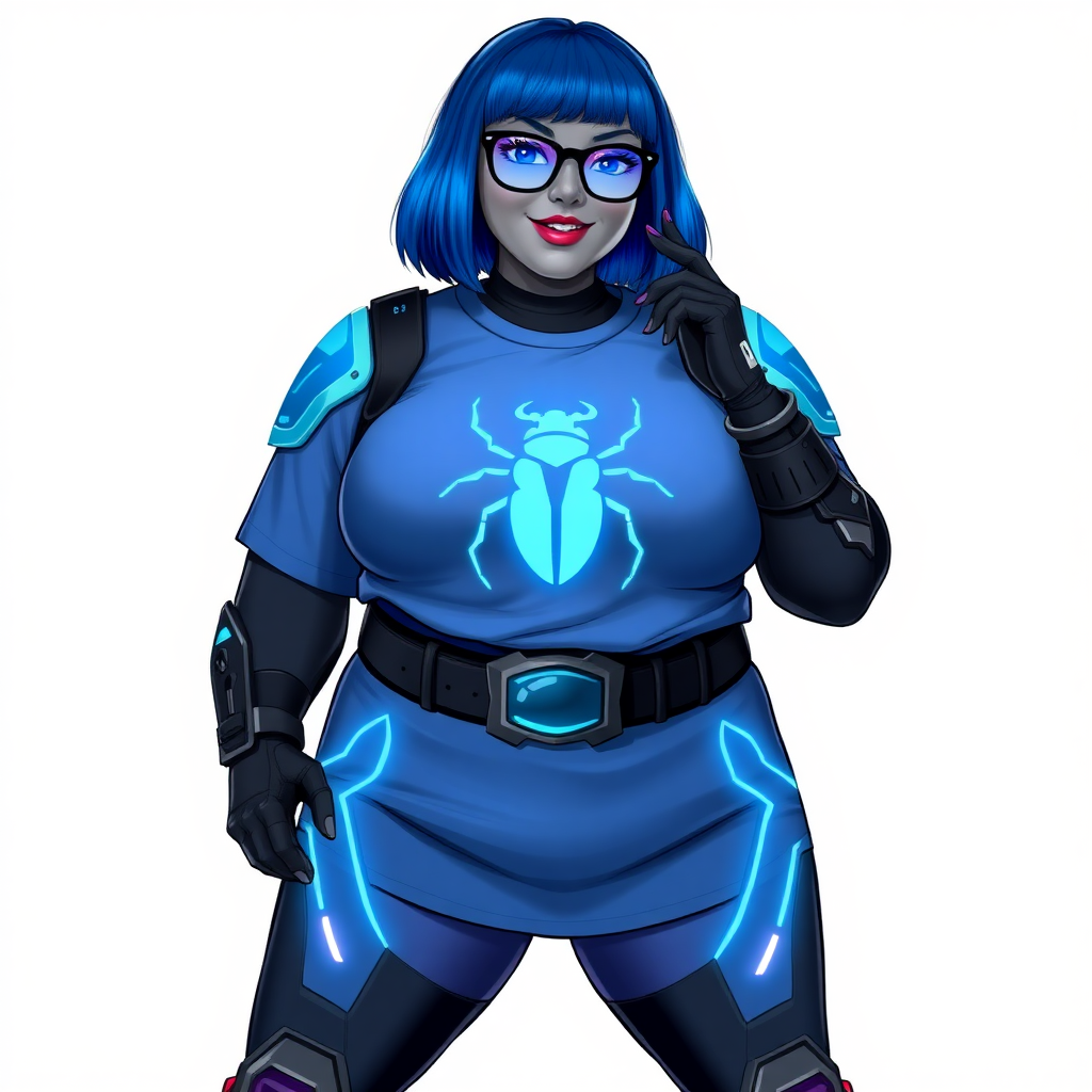 A 28-year-old, full-figured, metallic middle gray skinned computer program hybrid with a vibrant maximum blue bob cut. She has a non-athletic build, highlighted by a prominent, round, large midsection (fully emphasizing her round large belly) while being covered by her large t-shirt, reflecting her new junk food eating habits influenced by her boyfriend. As the full-figured, nerdy, digital sidekick to her cyberpunk vigilante boyfriend, her middle gray metallic skin and maximum blue lipstick underscore her digital essence. She dons a digital, computerized outfit: a large, tight-fitting, high-tech, maximum blue t-shirt with neon blue glowing beetle themed accents complete by a giant neon blue glowing beetle icon on the chest, hi-tech shoulder pads with neon blue accents, a black hi-tech belt with a digital sapphire beetle buckle, digital maximum blue pants with neon blue accents, and black hi-tech gloves with neon blue glowing accents. Her neon blue glowing eyes, black eyeglasses with neon blue lenses equipped with a built-in HUD, and shy smile with neon red blush highlight her nerdiness. She stands bashfully with one hand behind her back and the other gently touching her cheek, her outfit covering all her bare skin and fully emphasizing her full-figured physique (especially her large belly). She is clearly non-athletic, with a heavy focus on her full-figured physique (with full emphasis on her large belly). Despite her build, she radiates beauty. Her slim face contrasts with her physique, accentuating her radiant beauty. She is set against a solid white background. She is drawn as if she were in a retro 2D cyberpunk fighting game.