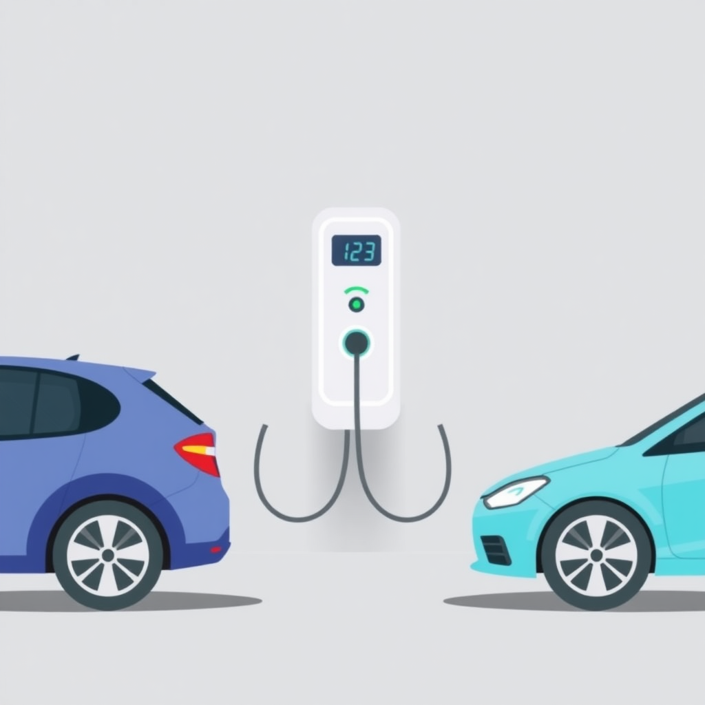 A simple flat illustration of an EV charger with two cars connected, cars are fully visible, one on each side, the illustration is symmetrical.