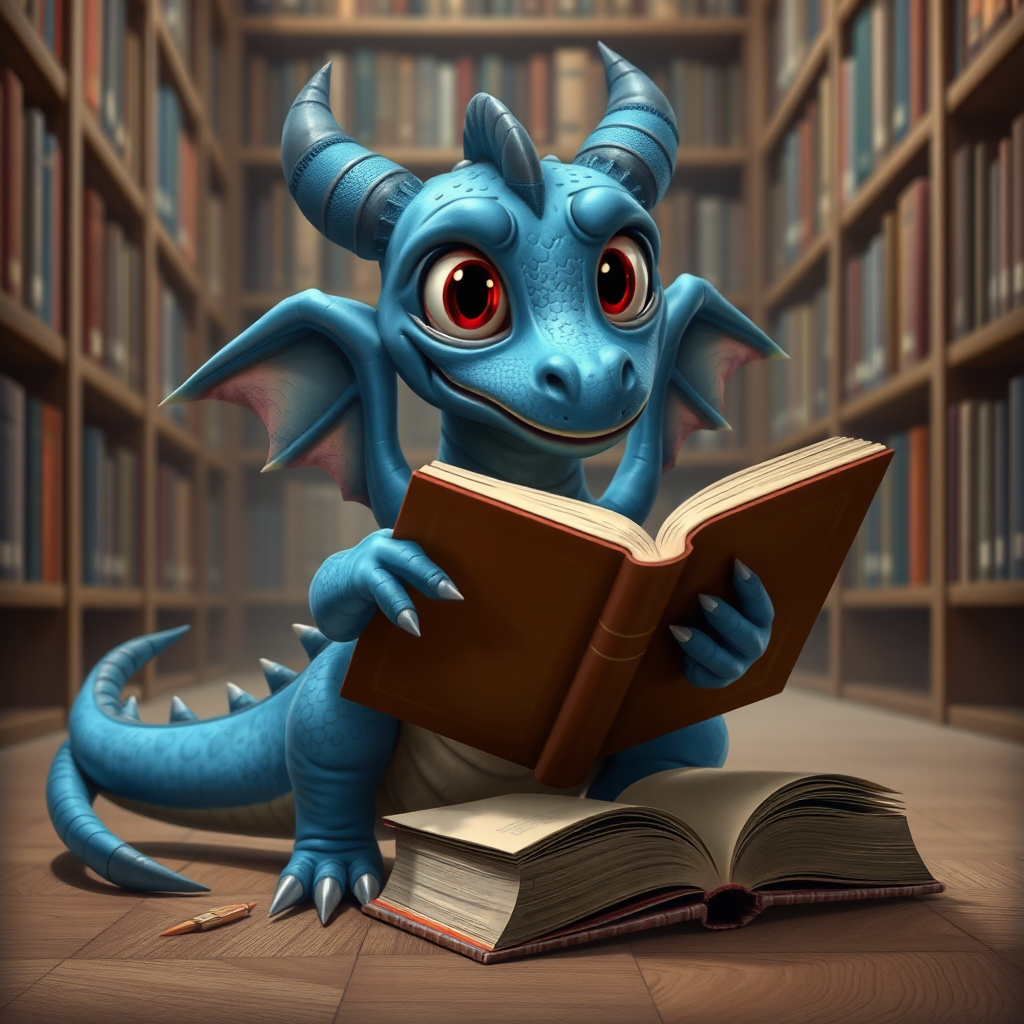 A realistic bored blue small dragon with two legs, two arms, black eyes with red pupils and wings in a library reading from a large book that is sitting on the ground beside him