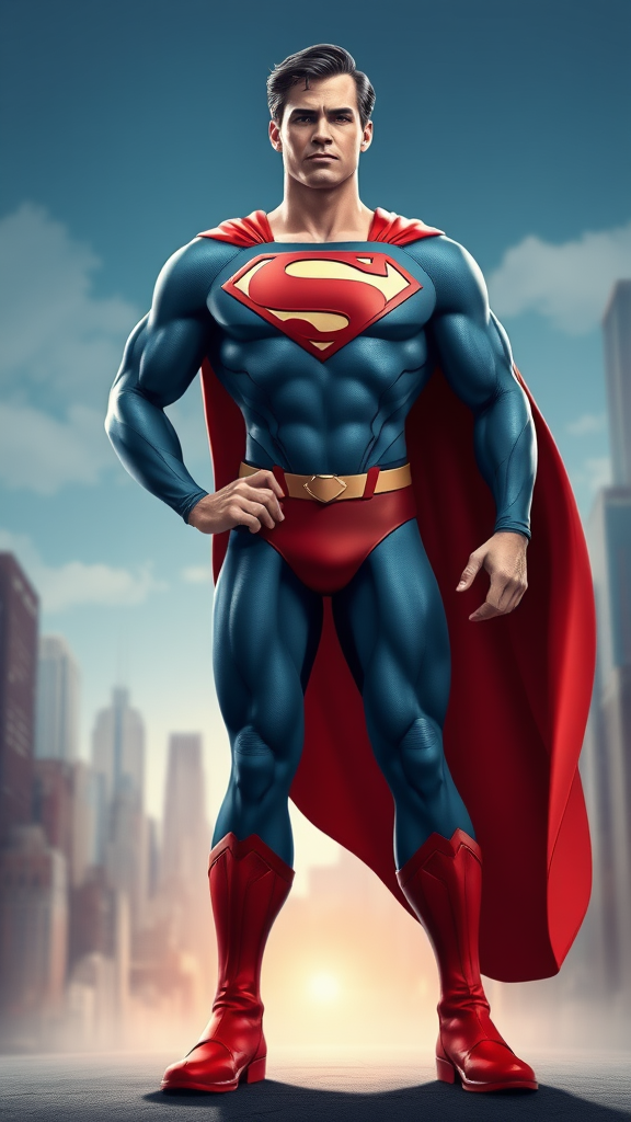 Create a full-length image of a hybrid character featuring Superman, utilizing Elastigirl's figure and body proportions. Retain Superman's primary costume, incorporating embellishments from Elastigirl's outfit, ensuring alterations for seamless fit. Design the background integrating elements from both Superman's iconic cityscape and Elastigirl's dynamic environment. Focus on capturing a harmonious blend of strength and flexibility, presenting the character in a heroic and dynamic pose within this creatively merged world.