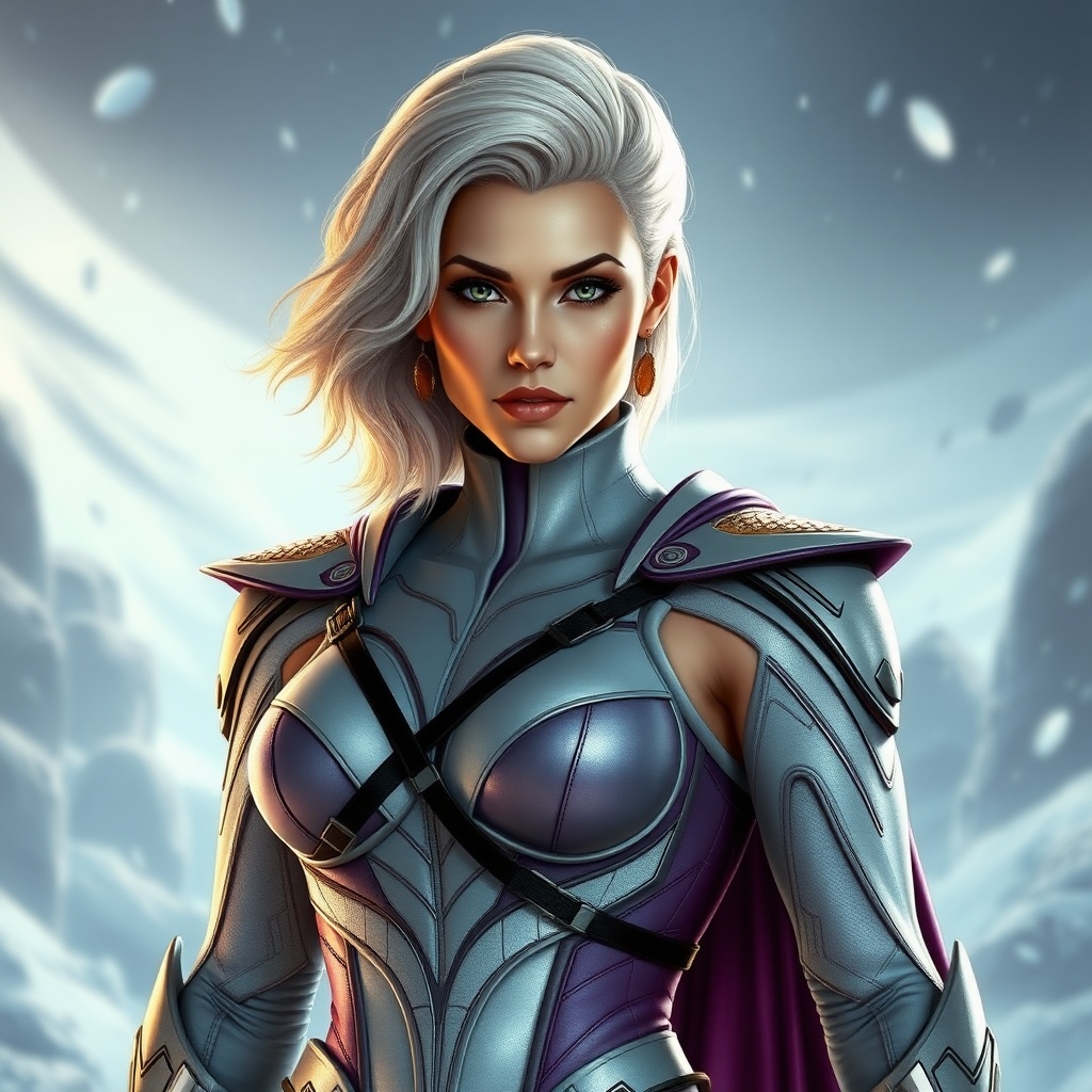 Create a full-length photorealistic image of Emma Frost, retaining her head, hairstyle, and facial features. Replace her body using the male physique of Marcus Fenix, ensuring her costume is altered to fit the new form. Incorporate elements from both characters' worlds in the background, blending their distinct environments seamlessly.