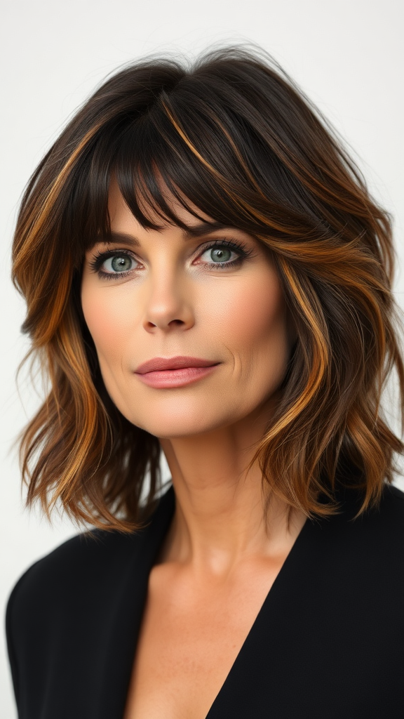 Heidi Klum with short layered wavy hair in black with orange highlights, light solid color background, in high definition.