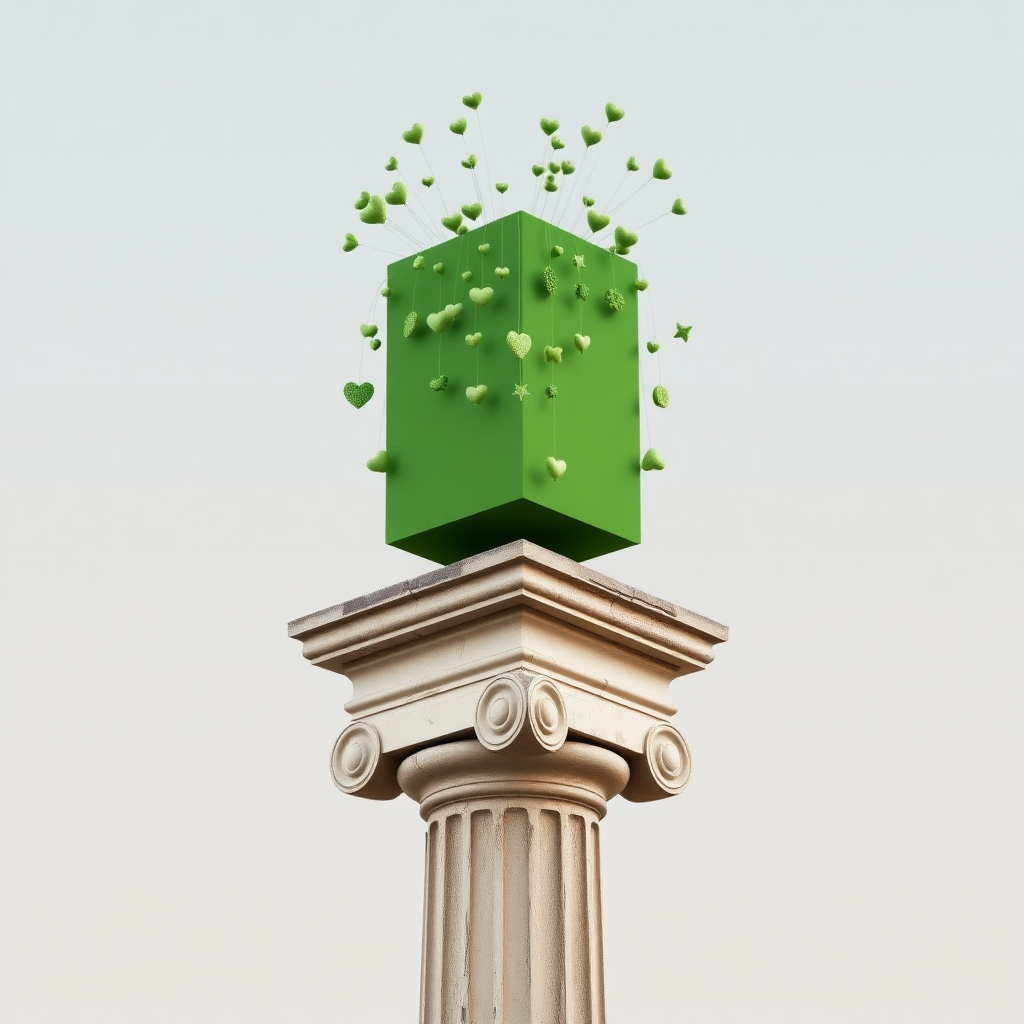 A photograph of a thin small, ancient Greek column with weathered, fluted details at the base. Atop the column is an oversized, normal green rectangular volume, functioning as a funky art installation. The large green structure dramatically overshadows the small column, with numerous quirky green objects—such as small hearts, stars, and abstract shapes—hanging from it. The surreal and playful installation creates a striking contrast between the ancient, minimal column and the modern, weird design.