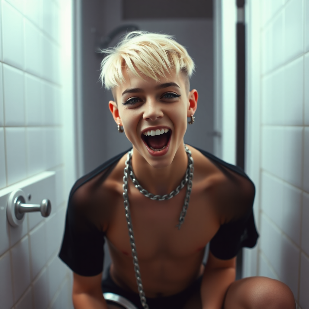 photorealistic, ultra high resolution, 16K, surreal fantasy, studio lighting, a pretty 16 year old goth boy, slim male physique, short blonde hair, goth makeup, earrings, spikey chain and leash, pantyhose, white ballet shoes, in the bathroom, excited open mouth smile, facing the camera,