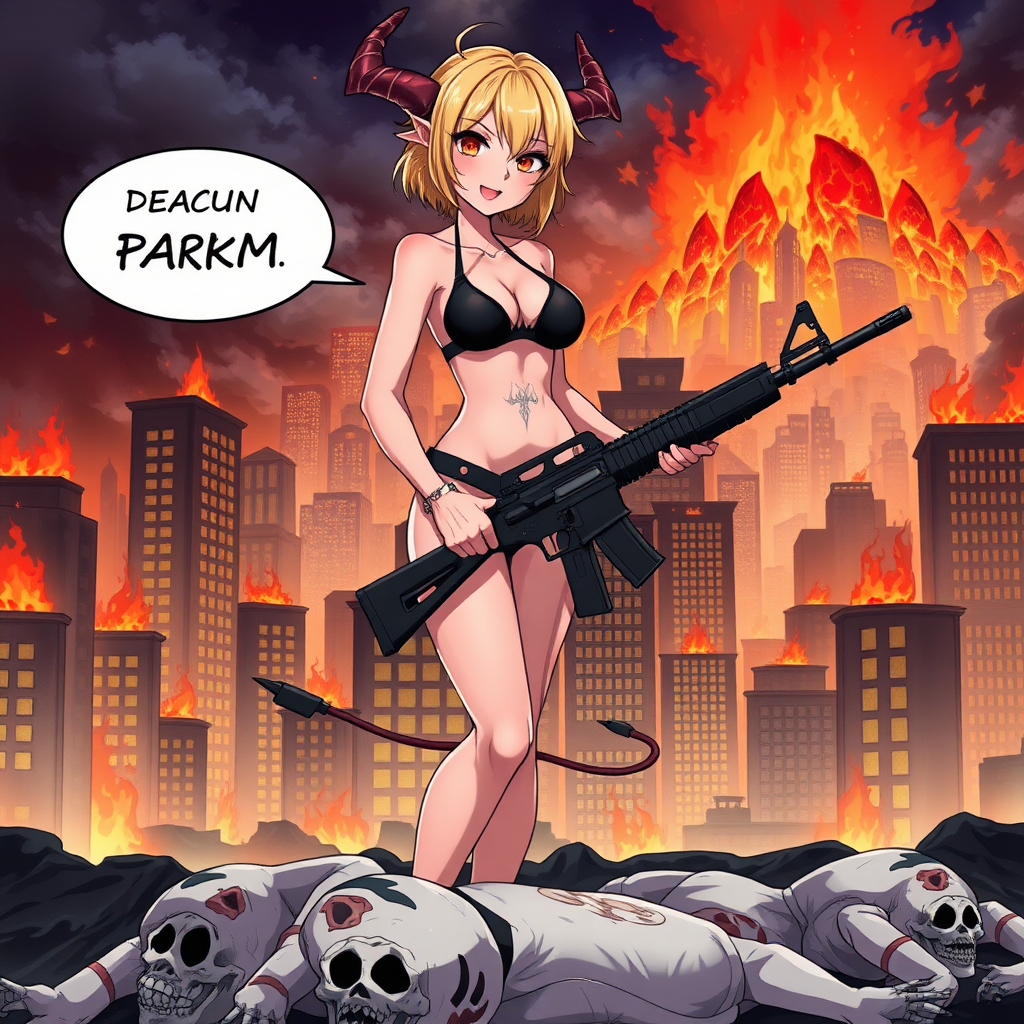 Anime, city on fire background, A mischievous tall-slender demon girl, short blond hair, wearing sexy-micro bikini-bra-like clothing, g-string, Womb tattoo on belly, mischievous smile, large breasts, full body, long legs, looking at viewer, speech bubble with a burning city, holding rifle, down below is 4 dead-white corpses