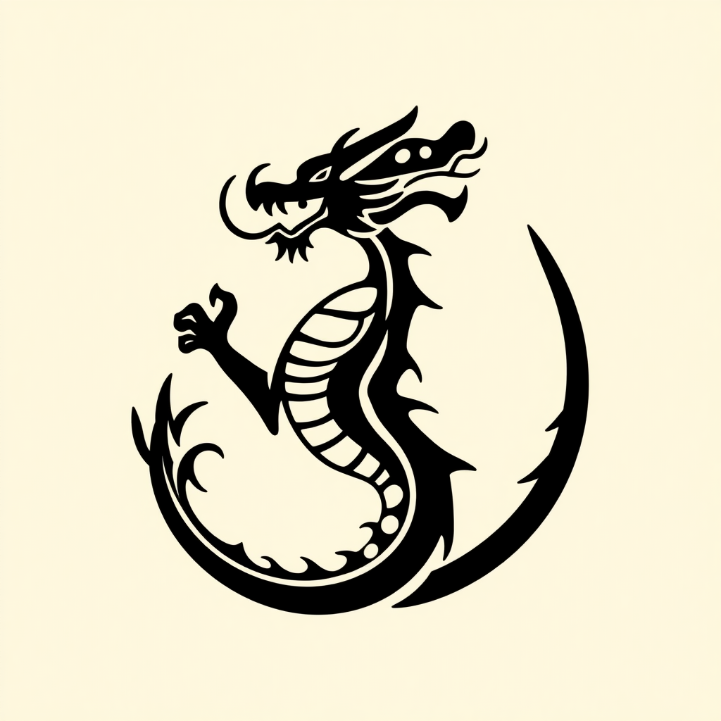 Create a minimalist, monochromatic dragon logo in the style of Sak Yant tattoo art.