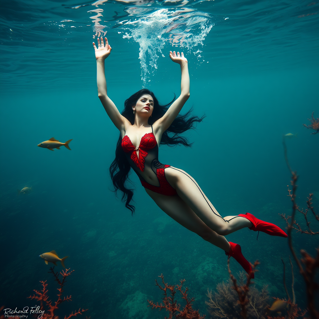 Vampirella as a skindiver she's floating underwater surrounded by sea creatures and plant life. Her graceful arms float above her head. In the photographic style of Richard Fegley on DSLR