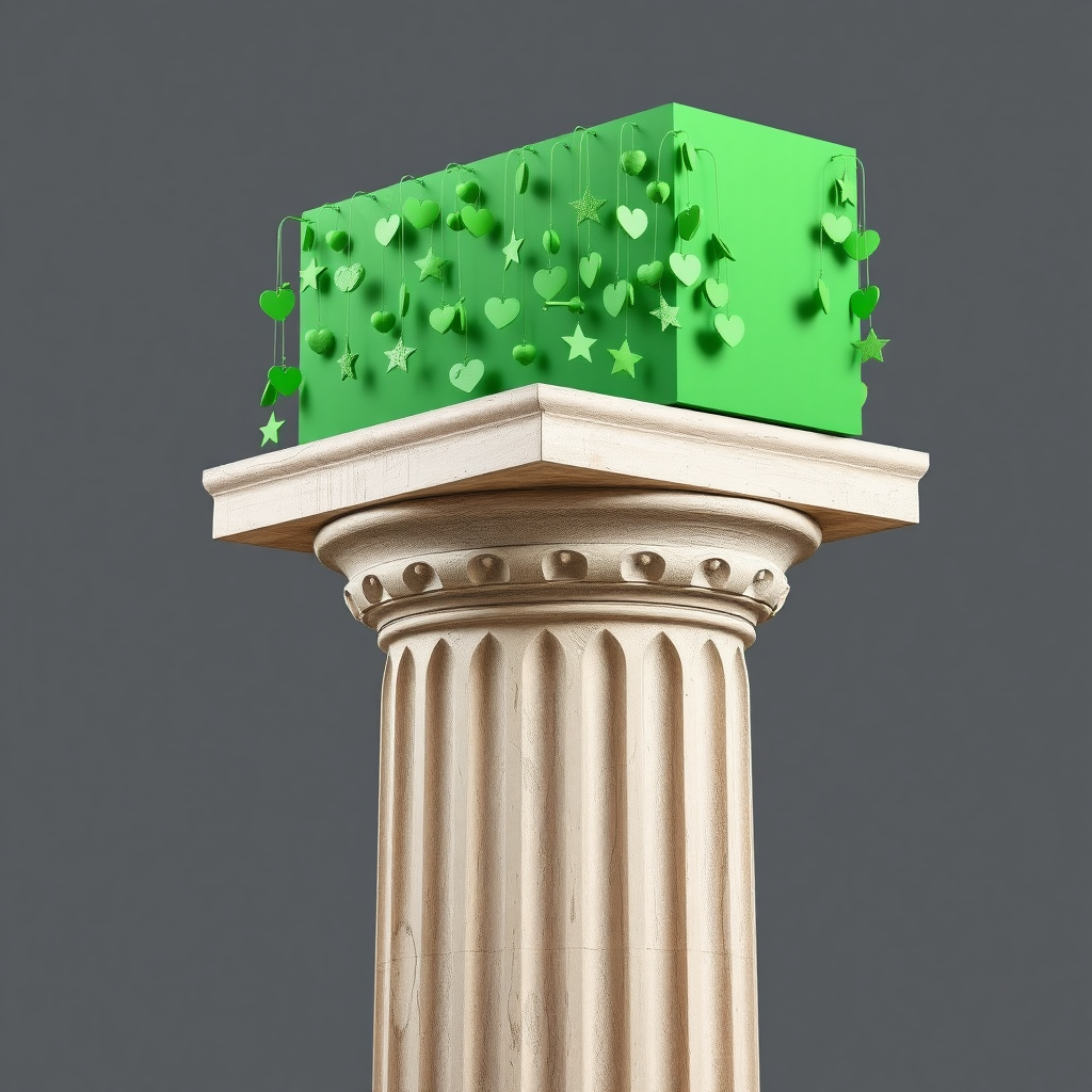 A photograph of an ancient Greek column with weathered, fluted details at the base. Atop the column is a normal green rectangular volume, designed as a funky art installation. Numerous quirky green objects, like small hearts, stars, and abstract shapes, hang from this rectangular volume, creating a playful and surreal effect. The installation contrasts the ancient stone with modern, minimalistic, and weird design elements.