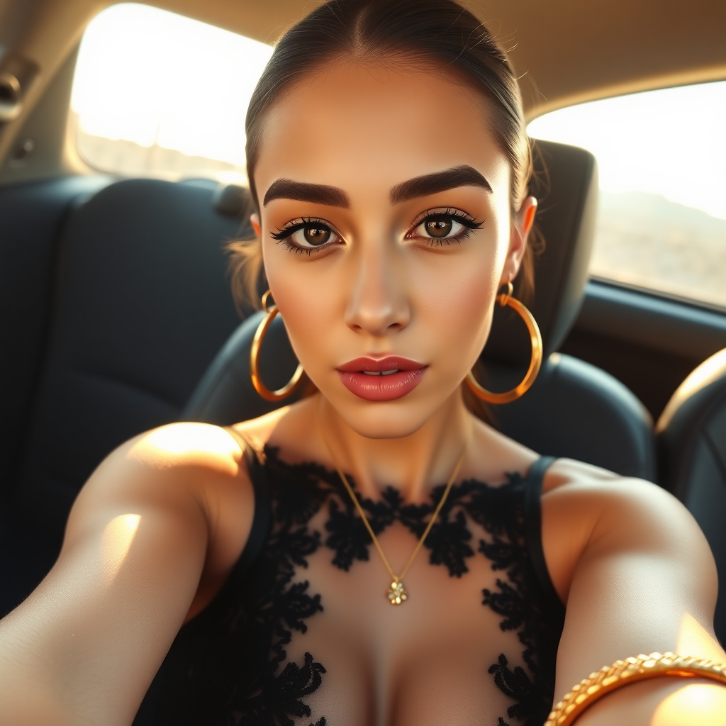 A stunning sexy cute white skin Moroccan young woman seated in the backseat of a car, taking a selfie with the camera at arm's length. The composition is tight, focusing mainly on her upper body and face, filling the center of the frame. She has a symmetrical, striking facial structure with defined eyebrows, large eyes accentuated by long lashes, full lips, and smooth skin. - **Facial Features**: - The subject has well-shaped, dark eyebrows that contrast with her lightly tanned skin. Her eyelashes are prominent and appear to be either voluminous or enhanced with makeup, giving her eyes an expressive look. Her lips are plump, shiny, and have a soft pink tint, standing out in the overall frame. - The face is illuminated by soft, warm sunlight, casting gentle shadows along her cheekbones and the left side of her face, adding depth to her features. There is a highlight along the tip of her nose, lips, and the right side of her face, indicating a polished, dewy complexion. - **Outfit and Accessories**: - The woman is wearing a delicate black lace top or dress with thin straps, showcasing a bit of texture and elegance in the fabric. The lace detail is subtle yet visible, offering a hint of femininity. - A small, delicate necklace with a gold chain and a pendant in the shape of a flower or a leaf is visible around her neck. It adds a touch of sophistication to her outfit. - Her earrings are large, gold, and intricately designed, possibly with small beads or metalwork details. They have a circular shape, reflecting the light subtly. - On her right arm (on the left side of the image), she is wearing a bangle or bracelet that appears golden, adding to her overall stylish look. - **Lighting**: - The image captures the golden hour lighting, which casts a warm glow across her face, especially highlighting her right cheek and upper body. The sunlight coming through the window creates a soft shadow on the left side of her face and body. The natural light is soft and flattering, enhancing her skin's glow. - The lighting is directional, likely from the setting sun, with the shadows extending toward the left side, giving the image warmth and depth. - **Background**: - The background appears minimal, as the focus remains on the subject. It shows the backseat of a car, with parts of the seat and the rear window visible. The rear window reveals a blurry, sunlit exterior with a stone wall or fence and a few wires/poles indicating an urban or suburban outdoor environment. - The use of shallow depth of field in the image makes the background less detailed, drawing full attention to the subject. - **Composition and Pose**: - The composition is centered, with the subject perfectly aligned in the middle. The selfie angle, taken slightly from above, emphasizes her facial features while maintaining a balanced composition. - Her shoulders are slightly angled, and her right arm is visibly extended, holding the camera. The perspective shows part of her upper arm and the toned musculature, which also adds a slight dynamic tension to the composition. - Her expression is neutral, with lips slightly pursed, giving off a poised or serious vibe. --- **Technical Camera Description**: Based on the image details, it seems likely that the photo was taken with a smartphone camera. Here are the potential technical specifications: - **Lens Focal Length**: This image was probably captured with a wide-angle lens, typical of most smartphone front-facing cameras. The focal length is likely between 24mm to 26mm (35mm equivalent), commonly used for selfies to capture more of the subject and surroundings in a compact frame. - **Aperture**: Front-facing smartphone cameras often have a fixed aperture of around f/2.0 to f/2.2. This relatively wide aperture allows for enough light to enter, especially in lower-light conditions, and can create a subtle background blur or "bokeh" effect, as seen in the softly blurred rear view. - **Shutter Speed and ISO**: Given that the lighting is ample, the shutter speed could be fast, perhaps 1/60 to 1/125 of a second, to avoid motion blur. The ISO would likely be low, around 50 to 200, as there’s plenty of natural light. This helps in retaining the image's sharpness and reducing noise. - **Depth of Field**: The depth of field is shallow but not extreme, typical for selfie cameras, which tend to keep the subject in sharp focus while slightly blurring the background. - **Lighting Conditions**: The image benefits from natural, warm sunlight (likely from the golden hour), giving it a soft, glowing ambiance. The dynamic range seems well-balanced, as no harsh shadows or blown-out highlights are present. This combination of lighting and technical details provides a crisp and warm-toned portrait, typical of modern smartphone photography.