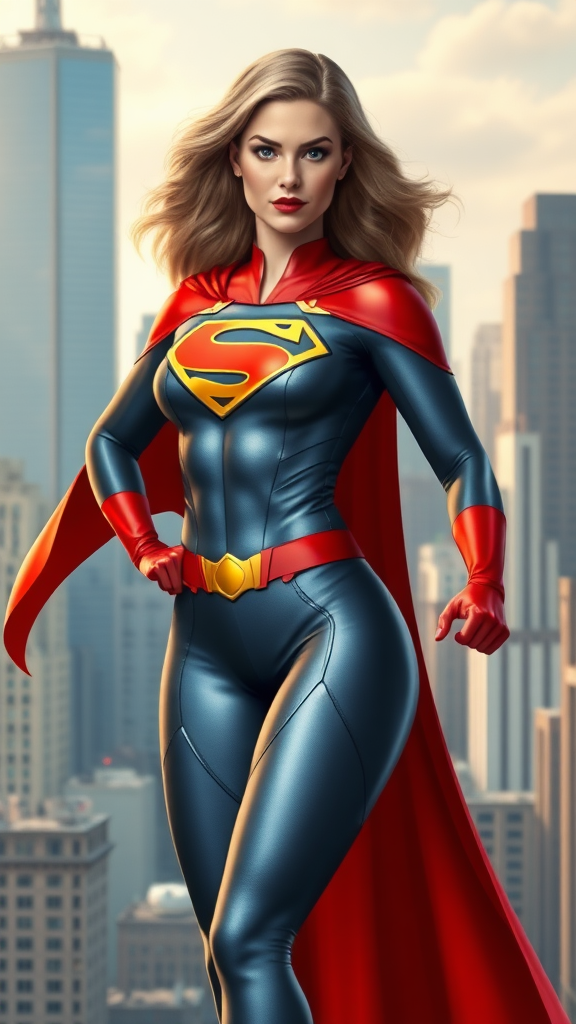 Generate a full-length image of a female superhero inspired by Superman and Elastigirl. Retain Superman's head, hairstyle, and facial features while adapting Elastigirl's body structure. Alter the original costume to fit the new proportions, adding embellishments for a modern touch. Design the background incorporating elements from both superheroes, blending iconic cityscapes and vibrant colors that reflect their powers and personalities. Aim for a dynamic pose showcasing strength and agility, capturing the essence of both characters in this unique representation.